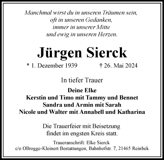 Traueranzeige von Jürgen Sierck von Hamburger Abendblatt, Bergedorfer Zeitung