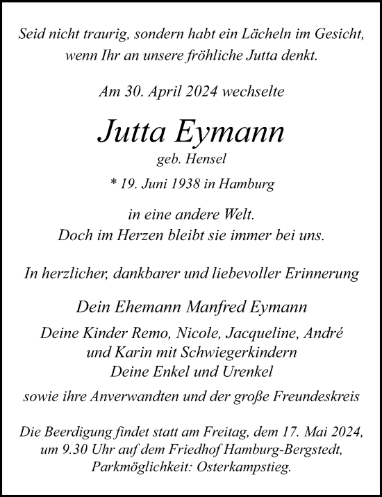 Traueranzeige von Jutta Eymann von Hamburger Abendblatt