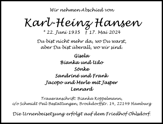 Traueranzeige von Karl-Heinz Hansen von Hamburger Abendblatt