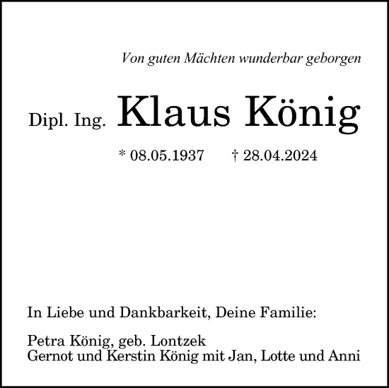 Traueranzeige von Klaus König von Hamburger Abendblatt