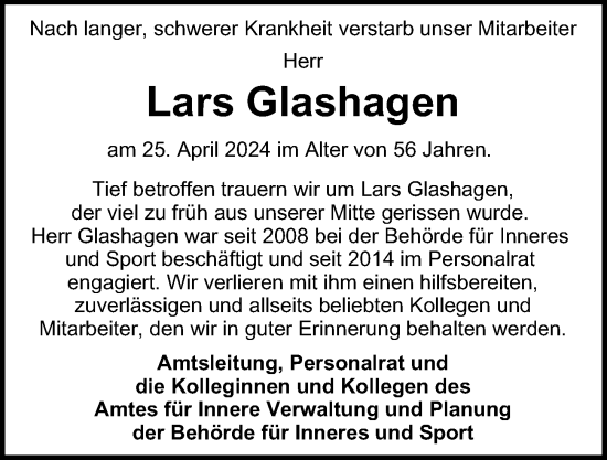 Traueranzeige von Lars Glashagen von Hamburger Abendblatt