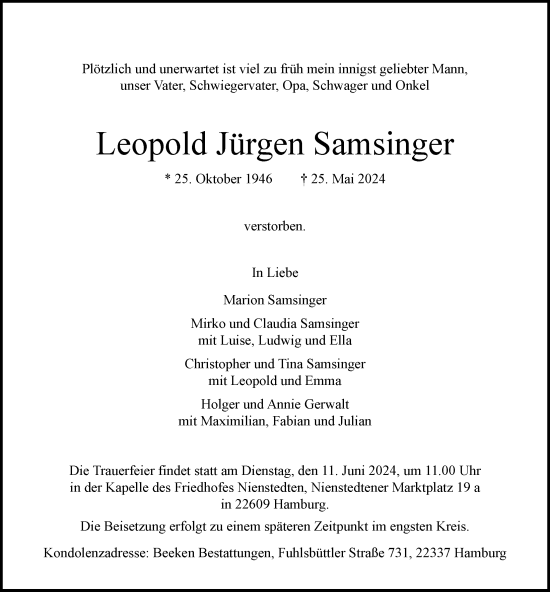 Traueranzeige von Leopold Jürgen Samsinger von Hamburger Abendblatt
