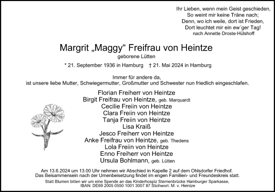 Traueranzeige von Margrit  Freifrau von Heintze von Hamburger Abendblatt