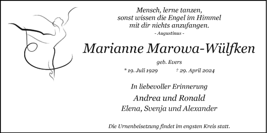 Traueranzeige von Marianne Marowa-Wülfken von Hamburger Abendblatt