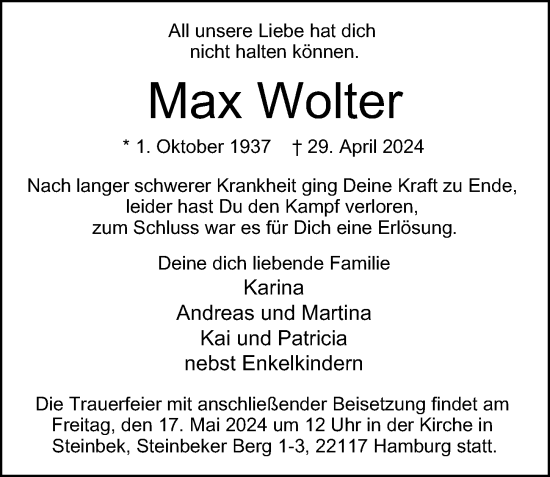 Traueranzeige von Max Wolter von Hamburger Abendblatt