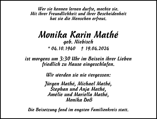 Traueranzeige von Monika Karin Mathe von Hamburger Abendblatt