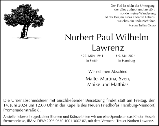 Traueranzeige von Norbert Paul Wilhelm Lawrenz von Hamburger Abendblatt