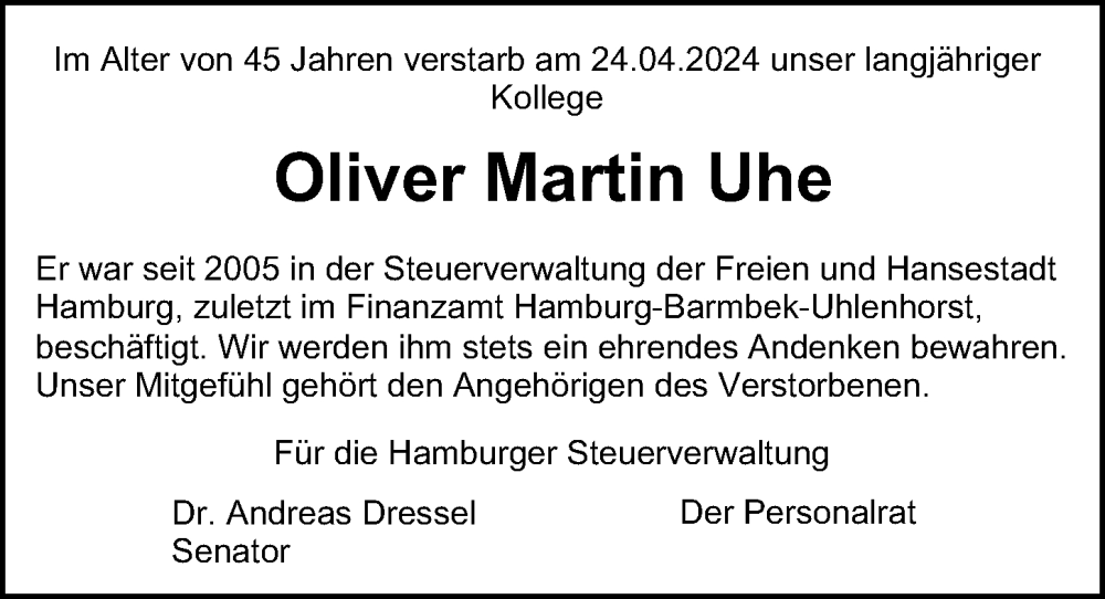  Traueranzeige für Oliver Martin Uhe vom 04.05.2024 aus Hamburger Abendblatt