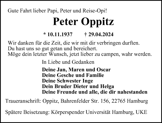Traueranzeige von Peter Oppitz von Hamburger Abendblatt