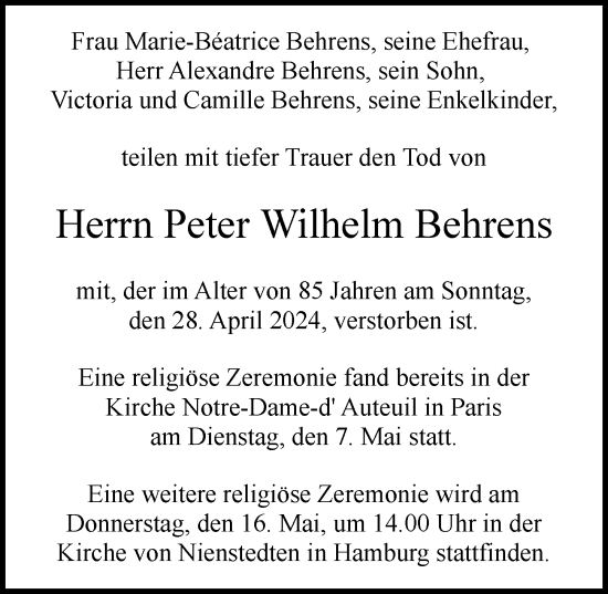 Traueranzeige von Peter Wilhelm Behrens von Hamburger Abendblatt