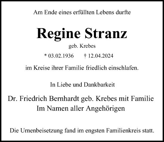 Traueranzeige von Regine Stranz von Hamburger Abendblatt
