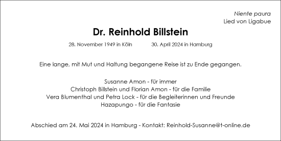 Traueranzeige von Reinhold Billstein von Hamburger Abendblatt