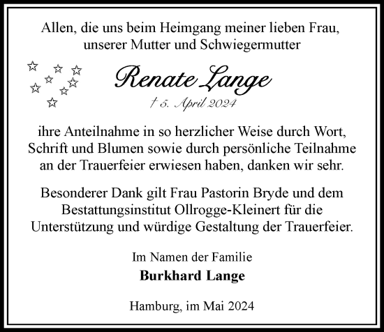 Traueranzeige von Renate Lange von Bergedorfer Zeitung