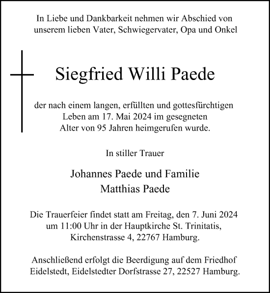 Traueranzeige von Siegfried Willi Paede von Hamburger Abendblatt