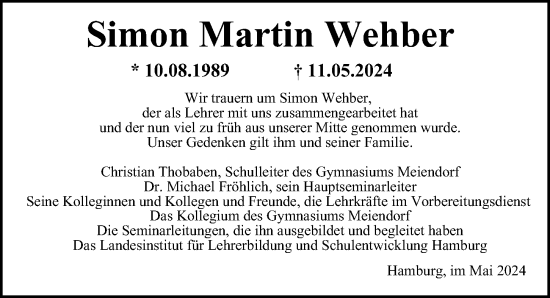 Traueranzeige von Simon Martin Wehber von Hamburger Abendblatt