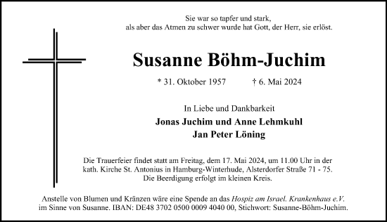 Traueranzeige von Susanne Böhm-Juchim von Hamburger Abendblatt