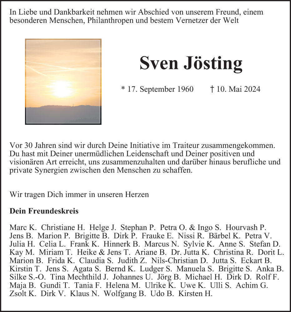  Traueranzeige für Sven Jösting vom 25.05.2024 aus Hamburger Abendblatt