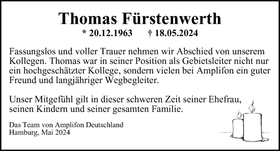 Traueranzeige von Thomas Fürstenwerth von Hamburger Abendblatt