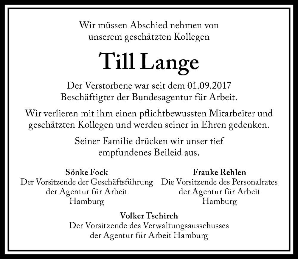  Traueranzeige für Till Lange vom 18.05.2024 aus Hamburger Abendblatt