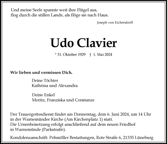 Traueranzeige von Udo Clavier von Hamburger Abendblatt