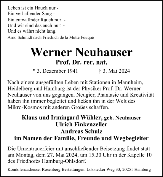 Traueranzeige von Werner Neuhauser von Hamburger Abendblatt