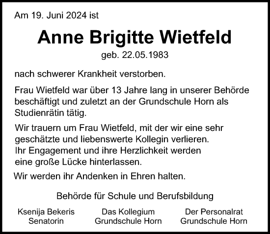 Traueranzeige von Anne Brigitte Wietfeld von Hamburger Abendblatt