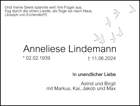 Traueranzeige von Anneliese Lindemann 