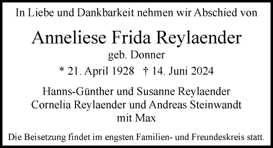 Traueranzeige von Anneliese Reylaender von Hamburger Abendblatt