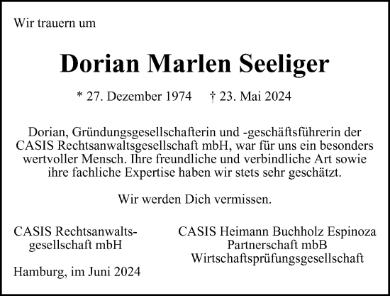 Traueranzeige von Dorian Marlen Seeliger von Hamburger Abendblatt