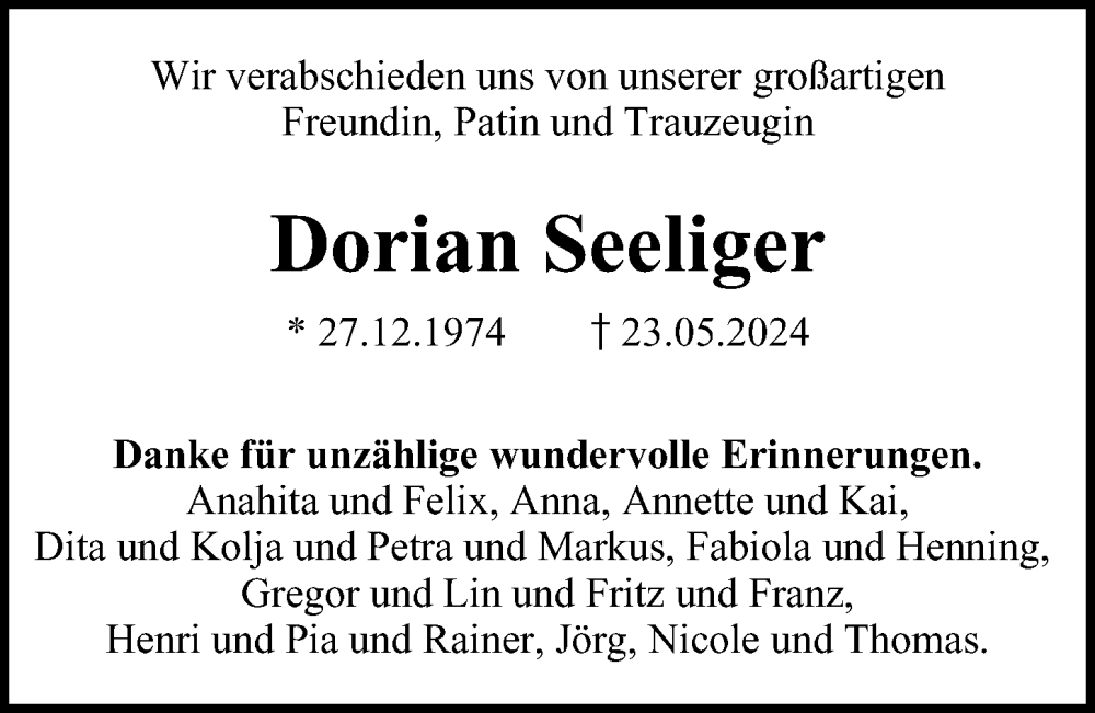  Traueranzeige für Dorian Marlen Seeliger vom 15.06.2024 aus Hamburger Abendblatt