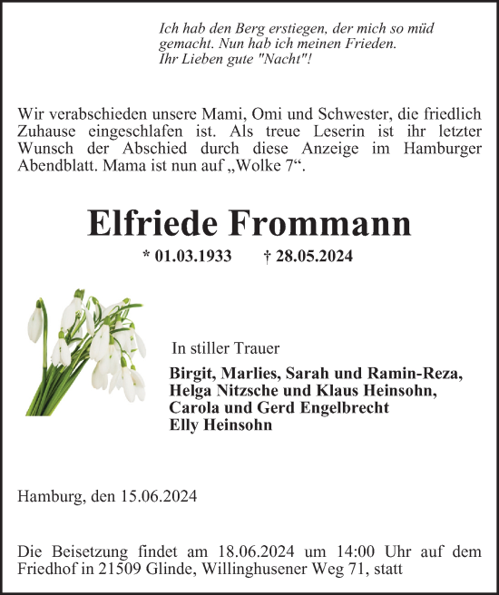 Traueranzeige von Elfriede Frommann von Hamburger Abendblatt