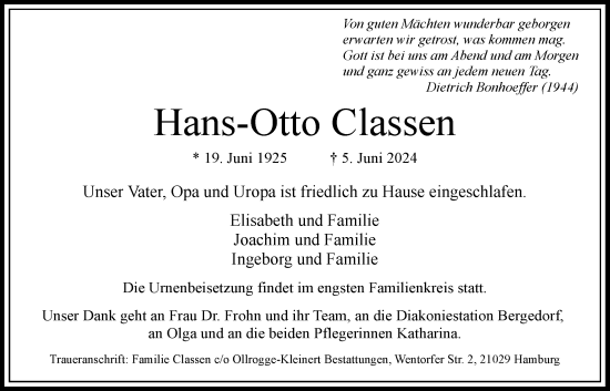 Traueranzeige von Hans-Otto Classen von Bergedorfer Zeitung