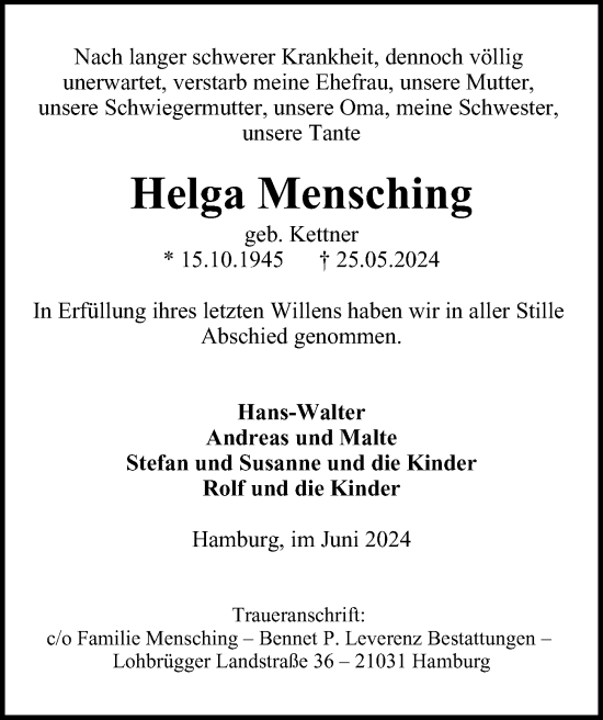 Traueranzeige von Helga Mensching von Bergedorfer Zeitung
