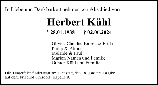 Traueranzeige von Herbert Kühl von Hamburger Abendblatt