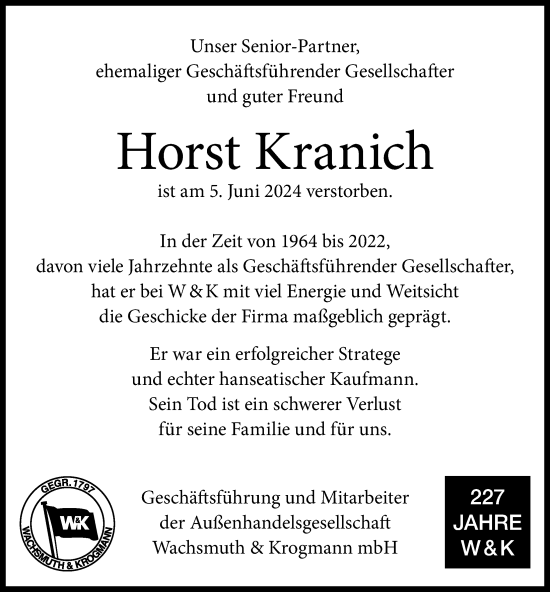 Traueranzeige von Horst Kranich von Hamburger Abendblatt
