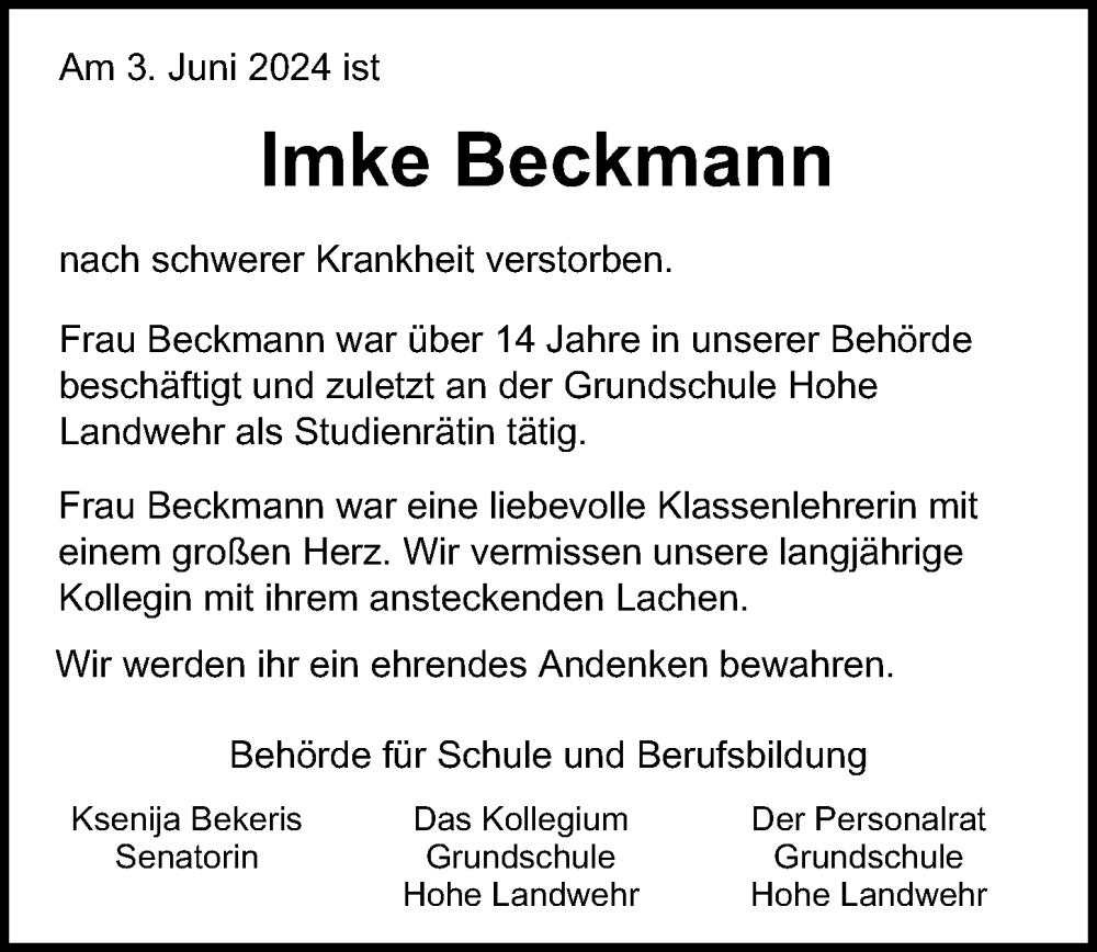  Traueranzeige für Imke Beckmann vom 15.06.2024 aus Hamburger Abendblatt