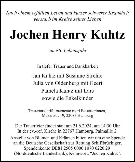 Traueranzeige von Jochen Henry Kuhtz von Hamburger Abendblatt