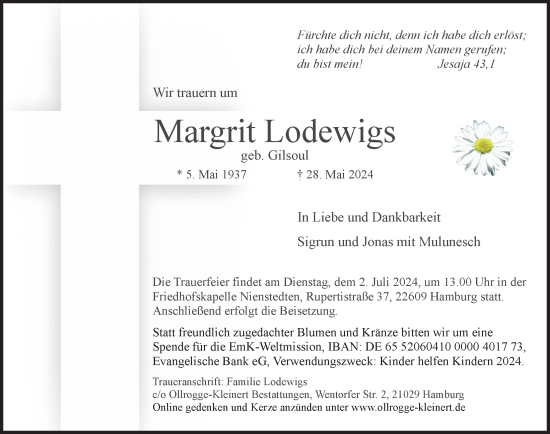 Traueranzeige von Margrit Lodewigs von Hamburger Abendblatt