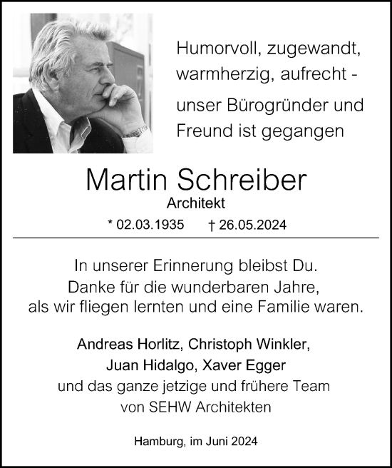 Traueranzeige von Martin Schreiber von Hamburger Abendblatt