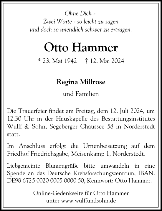 Traueranzeige von Otto Hammer von Hamburger Abendblatt