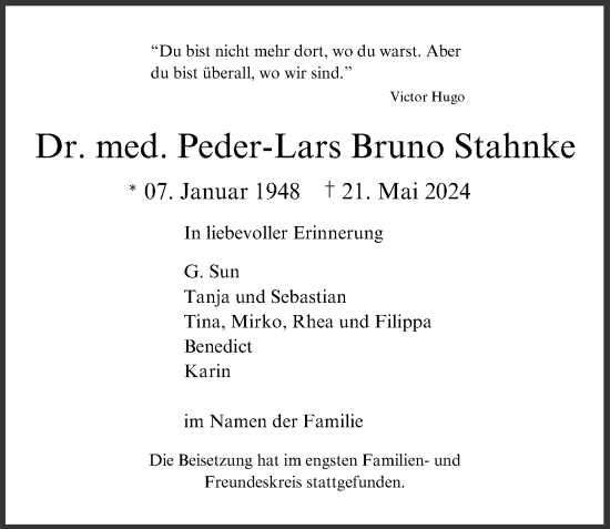 Traueranzeige von Peder-Lars Stahnke von Hamburger Abendblatt