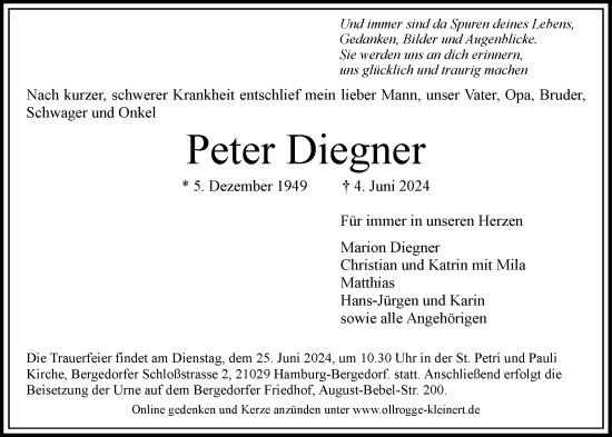Traueranzeige von Peter Diegner von Bergedorfer Zeitung