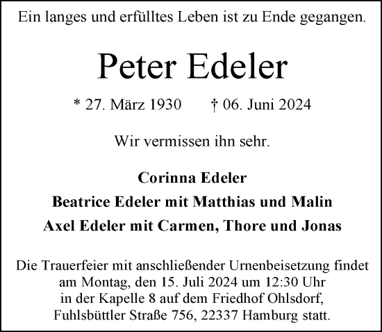 Traueranzeige von Peter Edeler von Hamburger Abendblatt