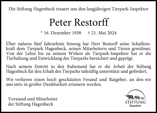 Traueranzeige von Peter Restorff von Hamburger Abendblatt