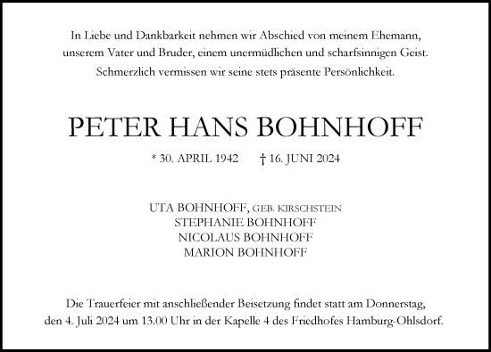 Traueranzeige von Peter Hans Bohnhoff von Hamburger Abendblatt