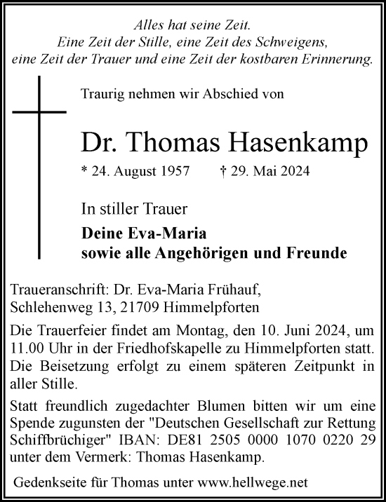 Traueranzeige von Thomas Hasenkamp von Hamburger Abendblatt