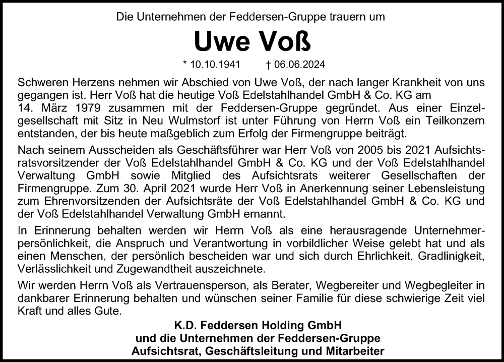  Traueranzeige für Uwe Voß vom 15.06.2024 aus Hamburger Abendblatt