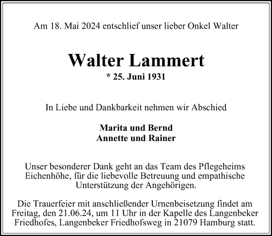 Traueranzeige von Walter Lammert 