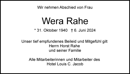 Traueranzeige von Wera Rahe von Hamburger Abendblatt