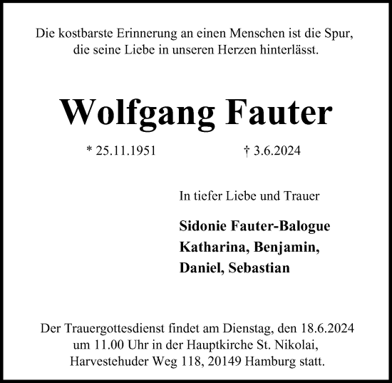 Traueranzeige von Wolfgang Fauter von Hamburger Abendblatt
